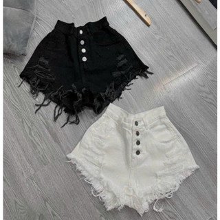 (Q 4 nut) Quần short jean nữ lung cao rách đùi phối nút