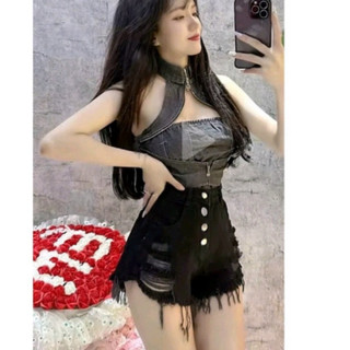(MÃ: Q4N01) Quần short jean nữ lung cao rách đùi phối nút