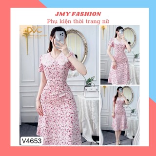 V4653 Váy hồng phối cổ ren hoa đuôi cá nhún eo sang chảnh [Dolce Viva Colection (DVC)] đầm hồng hoa nhí đuôi cá nữ tính