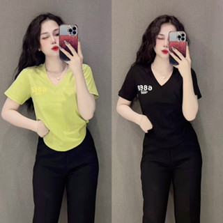 Áo thun nữ cổ tim vạt bầu phối chữ dáng ôm nhẹ,fom Áo tôn dáng