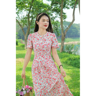 Nv095 - váy cổ tròn hoạ tiết hoa hồng vẽ tay nhún hông
