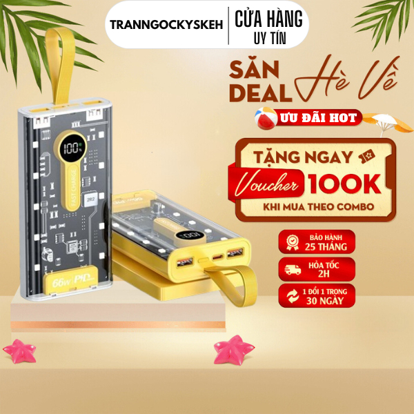 Cục Sạc Dự Phòng 20.000mAh Sạc Siêu Nhanh 120W Thiết Kế Trong Suốt 120W Tích Hợp 4 Dây Sạc - Màn Hình LED