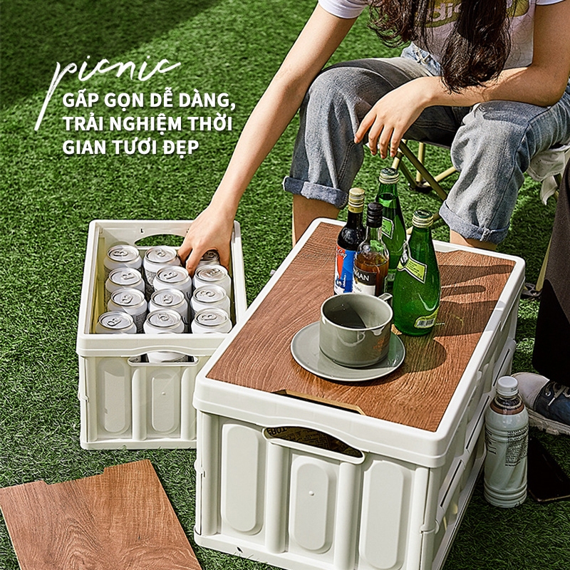 Bàn camping gấp gọn kết hợp hộp đựng đồ đa năng bằng nhựa, nắp gỗ để đi cắm trại, dã ngoại | BigBuy360 - bigbuy360.vn