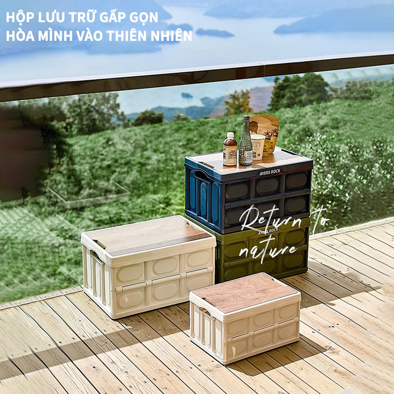 Bàn camping gấp gọn kết hợp hộp đựng đồ đa năng bằng nhựa, nắp gỗ để đi cắm trại, dã ngoại | BigBuy360 - bigbuy360.vn