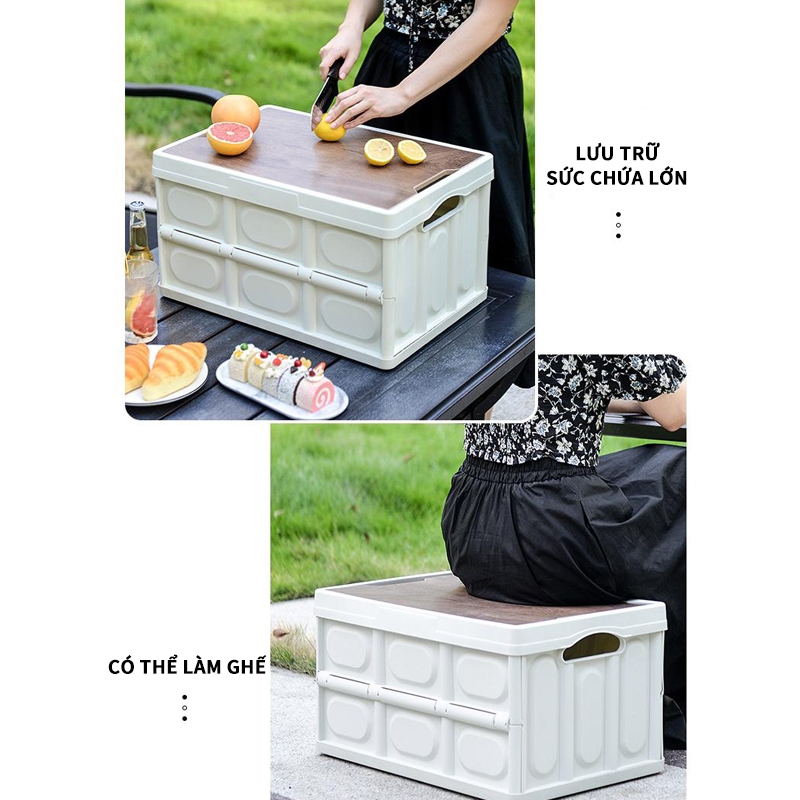 Bàn camping gấp gọn kết hợp hộp đựng đồ đa năng bằng nhựa, nắp gỗ để đi cắm trại, dã ngoại | BigBuy360 - bigbuy360.vn