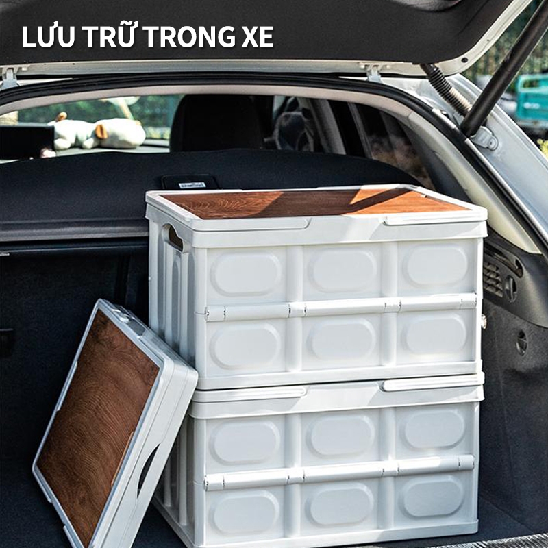 Bàn camping gấp gọn kết hợp hộp đựng đồ đa năng bằng nhựa, nắp gỗ để đi cắm trại, dã ngoại | BigBuy360 - bigbuy360.vn