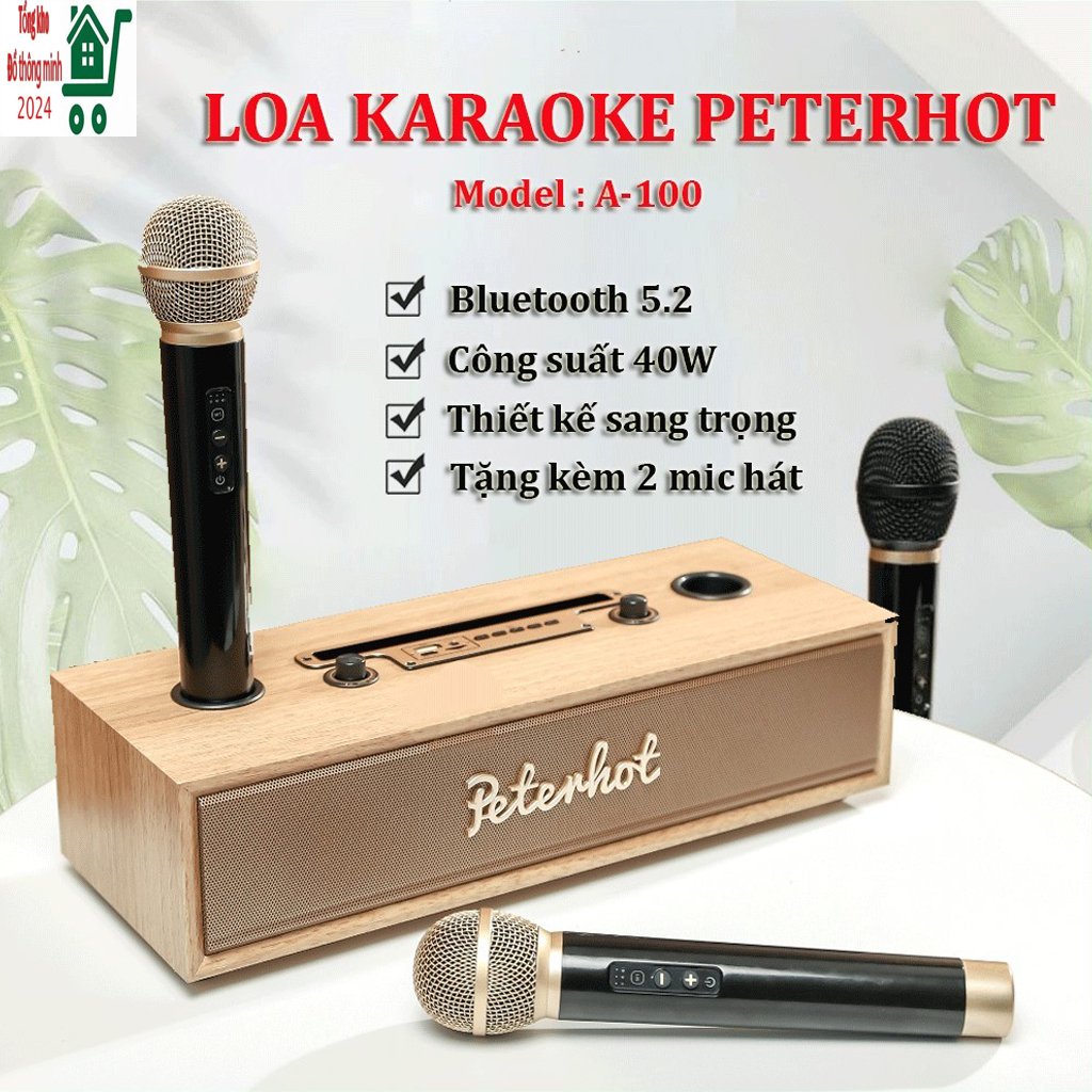 Loa bluetooth karaooke peterhot A100 tặng kèm 2 mic, Loa karaoke gia đình thiết kế vỏ gỗ sang trọng, âm thanh siêu đỉnh