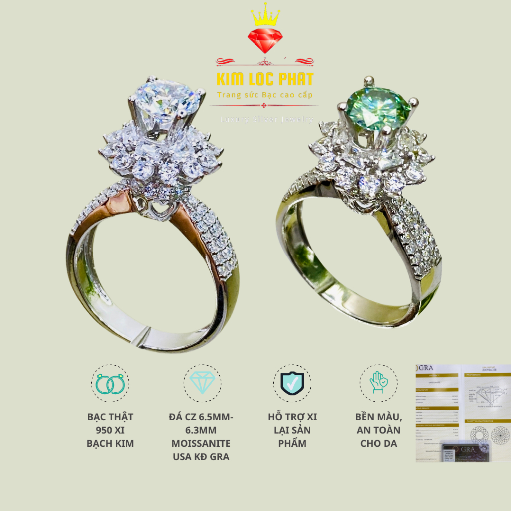 Nhẫn Moissanite màu trắng kiểu hoa tia chủ 6.3mm, Nhẫn bạc nữ xi bạch kim, Nhẫn kim cương nhân tạo moissanite màu xanh