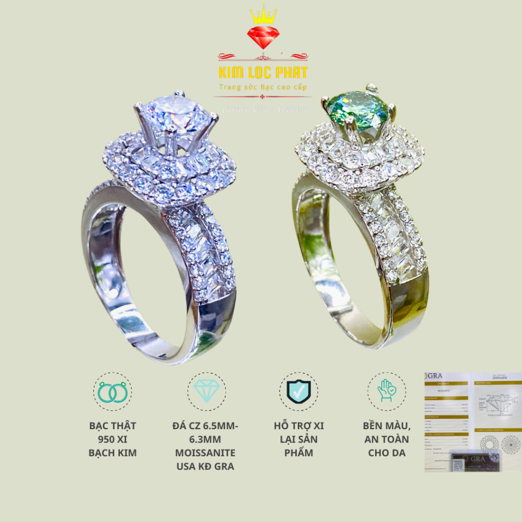 Nhẫn moissanite màu trắng vuông bo góc hallo chủ 6.3mm, Nhẫn bạc nữ xi bạch kim, Nhẫn kim cương nhân