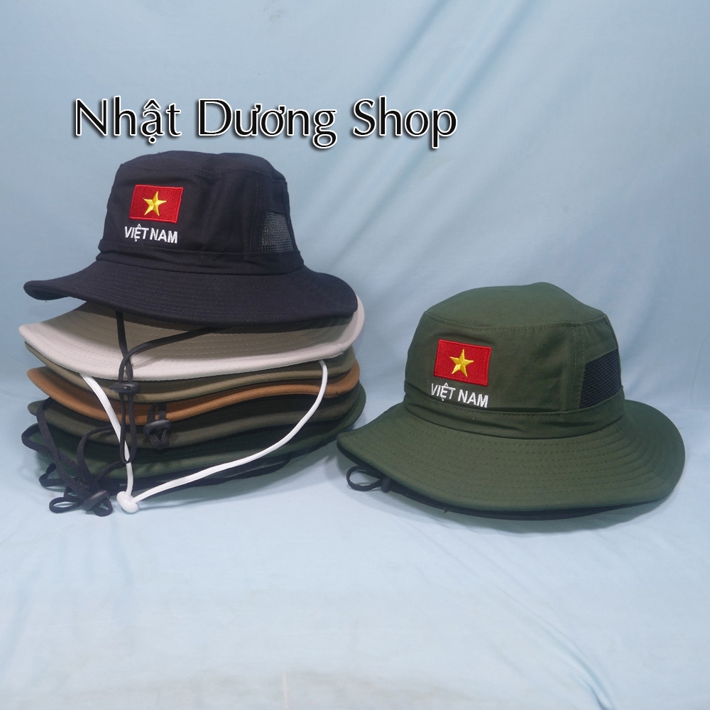 Nón tai bèo lá cờ Việt Nam size đầu 60cm, mũ tai bèo vành rộng 7cm vải cotton có may lưới bên hông