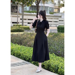 [6.6 Sales Freeship] Đầm thời trang nữ vintage, đầm đen midi dáng dài cổ bèo tay búp phồng đinh nút sang trọng dx