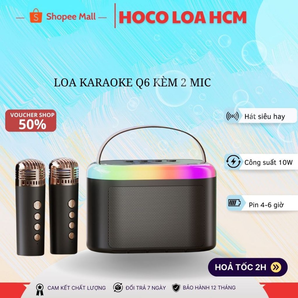 Loa Bluetooth karaoke kèm 2 mic không dây Q6, loa bluetooth trong suốt có LED phiên bản 2024, Loa mini karaoke