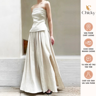 Set Đồ Nữ 2 Món Áo Cúp Ngực Phối Chân Váy Maxi Xếp Ly To Xẻ Tà Dáng Dài Tone Màu Hạt Tiêu Basic Vintage Sang Chảnh Hot