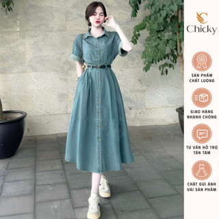 Đầm sơ mi đóng nút thắt eo dáng dài hàn quốc thanh lịch sang chảnh dành các nàng thơ đi chơi, dạo phố siêu hot hit