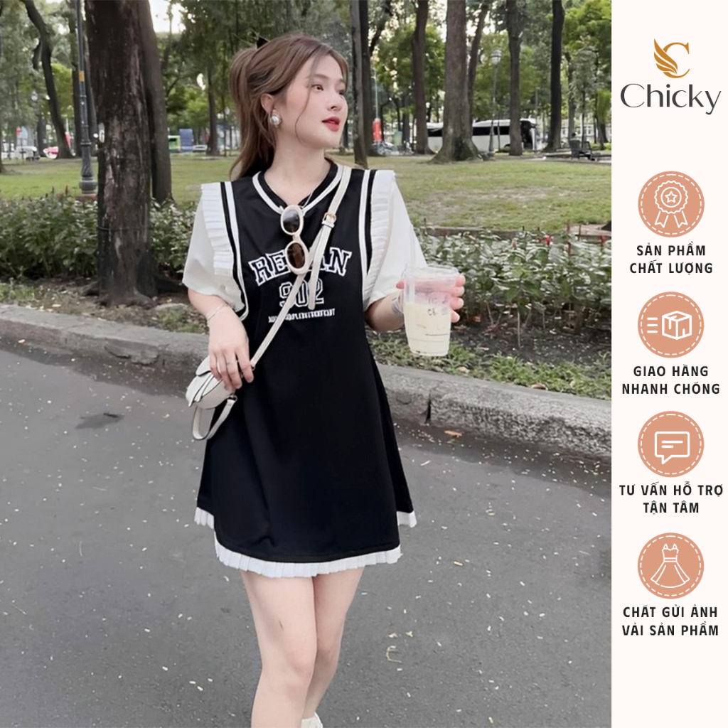Đầm Váy Phông Tay Ngắn Mix Màu Đen Trắng Đơn Giản Thêu Chữ Xinh Xắn Dáng Ngắn Xòe Viền Xếp Ly Style Hàn Quốc SP000880