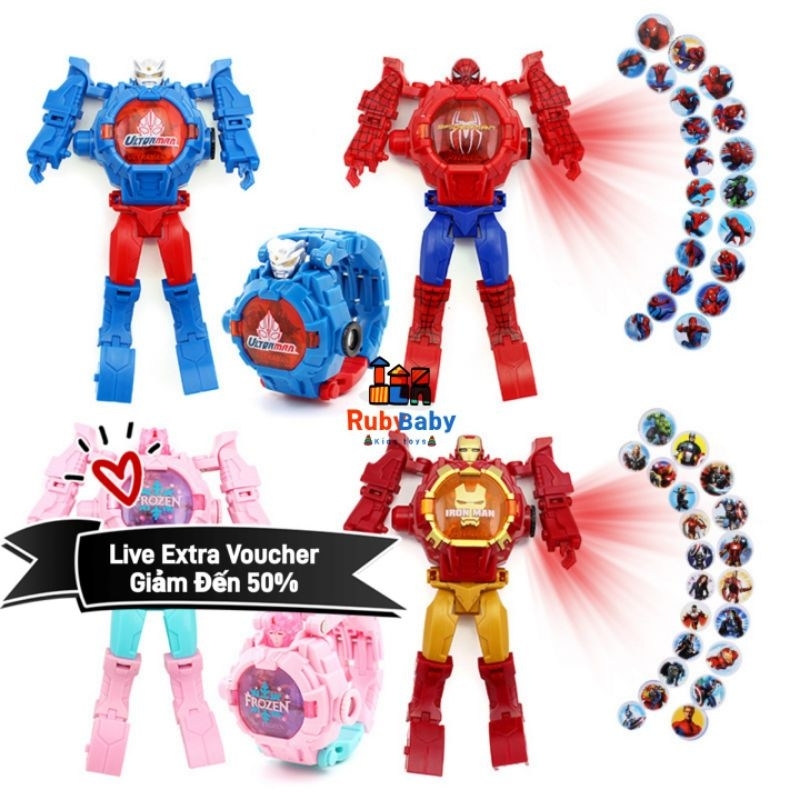Đồng hồ siêu nhân biến hình siêu anh hùng Avengers Người Nhện Spider Man Iron Man đeo tay cho bé CÓ CHIẾU HÌNH
