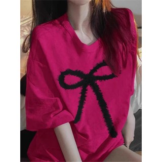 Focus local brand Quả thanh long áo phông nữ form rộng bảng nơ in ấn cổ tròn dáng rộng áo thun 100%cotton