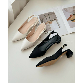 Giày búp bê slingback nữ hở gót da mềm mũi nhọn quai hậu cài,đế trụ độc đáo sang trọng cao 3CM