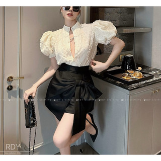 Set đầm tiểu thư tay bồng mix chân váy nơ sang chảnh a03