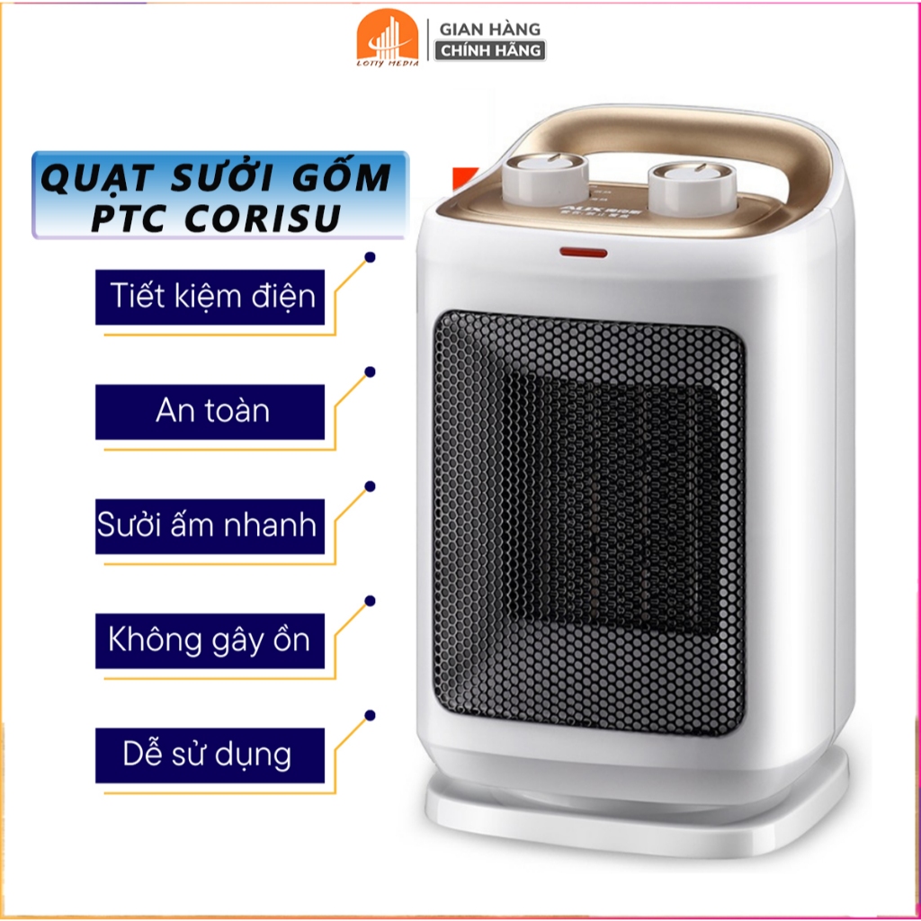 Máy sưởi để bàn, quạt sưởi Gốm PTC CORISU, quạt sưởi mini công suất 1500W sưởi ấm 2 chiều chế độ ấm nhanh sau 3s sử dụng