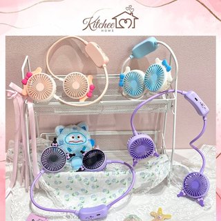 Quạt Đeo Cổ Tích Điện Mini Có Thể Điều Chỉnh Cao Thấp Tiện Lợi Có 2 Chế Độ Gió Hình Sanrio và Kuromi