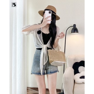 Áo khoác mỏng nữ đi biển Twentyfive dáng rộng cổ V thắt vạt kèm hoa cài 5813