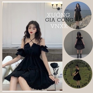 💃 đầm nữ buộc dây dáng xòe viền bèo 3 tầng màu đen