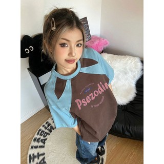 Foucs local brand áo phông raglan nữ raglan màu xanh y2k vạch sọc in ấn ấo thun form rộng 100%cotton