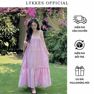 [ Kèm ảnh thật ] Đầm Váy Maxi Dáng Xòe Xếp Ly 2 Dây Kẻ Màu Hồng Xanh Biển Đầm Mùa Hè D025