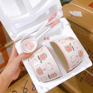 Set Bát Kèm Thìa Hình Lợn Hồng (Set 2 Bát + 2 Thìa)