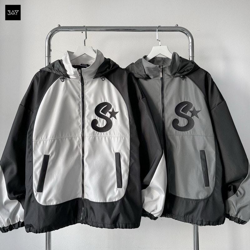 Áo Khoác Gió 2 lớp Form Rộng THÊU S màu XÁM ĐEN/XÁM TRẮNG 🖤 Nam Nữ Unisex, Jacket dù Jaystoree2