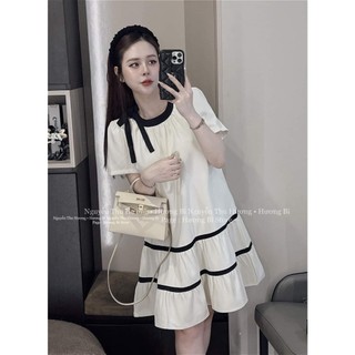 Đầm váy tay lưng phối dây nơ cổ tròn dáng xoè xếp ly, Váy nữ cộc tay xếp ly dáng ngắn mùa hè TRẮNG VIỀN ĐEN VIETNAM