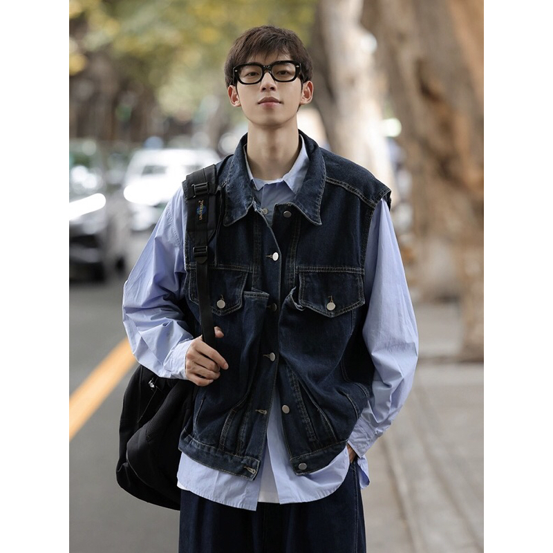 Áo khoác gile bò denim túi hộp dáng rộng trơn màu xanh than / đen basic hiphop cityboy siêu chất
