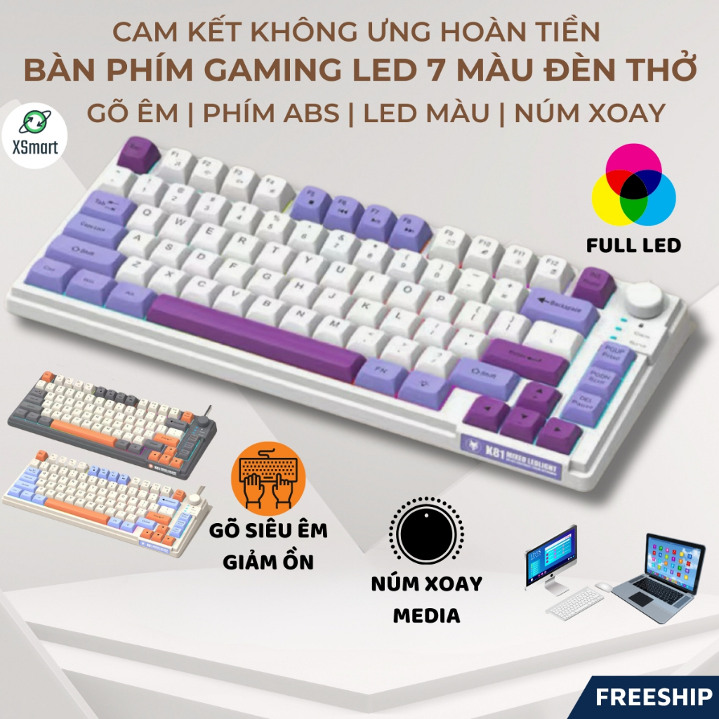 Bàn Phím Gaming Cao Cấp XunFox K81 LED 7 Màu Hiệu Ứng Đèn Thở, Phím ABS Gõ Êm, Có Núm Chỉnh Âm Lượng