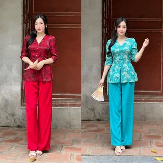Sét bộ bà ba gấm 2 da cổ tim tay phòng xinh xắn