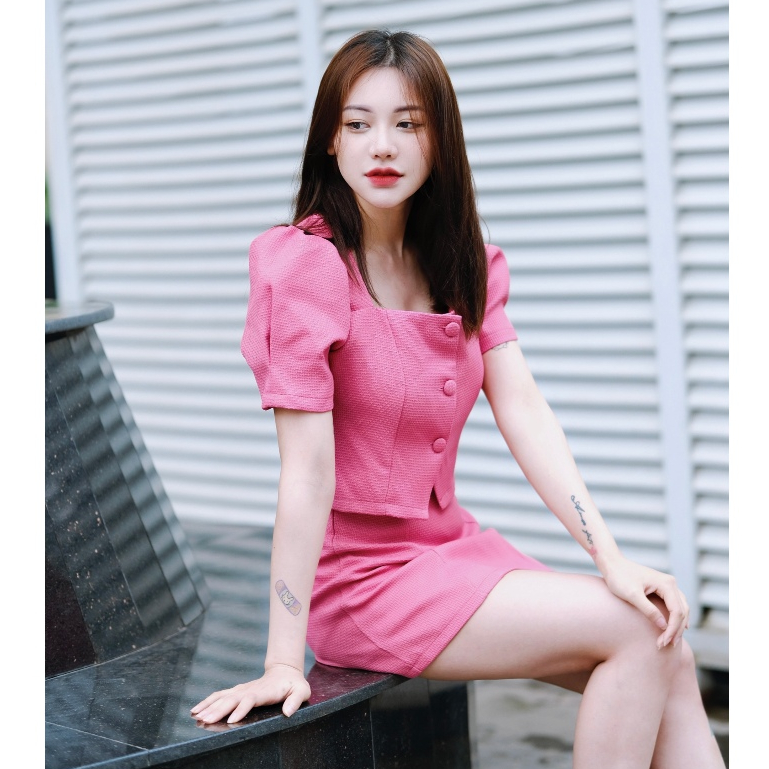 Đồ bộ nữ  Mosei Official áo kiểu nữ sang chảnh croptop tay phồng hàn quốc phối cùng chân váy chữ A chất dạ tweed cao cấp