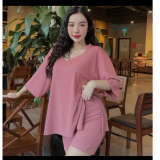 Sét bộ ngố cổ tim xẻ tà tôn dáng  chất thun bo phong cách Hàn Quốc M1593