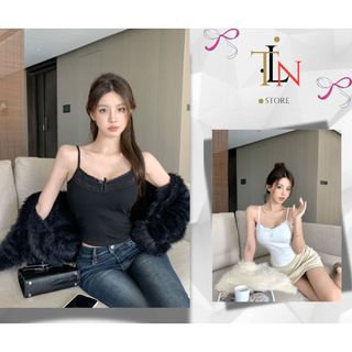 Áo 2 dây có mút ngực nơ ren form ôm,Áo len dệt kim dáng CROPTOP đính nơ mát mẻ  phong cách chuẩn QC M223-TLN