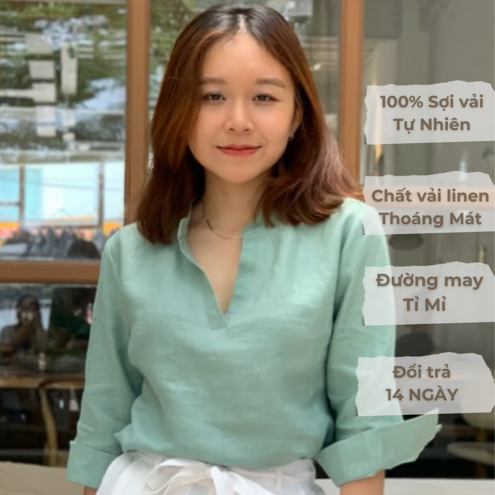 Áo Nữ Linen Cổ Tàu Tay Lửng LINEN1992 - 100% Linen Màu Trắng/Xanh Đen/Xanh Mint Xám/Xanh Mint