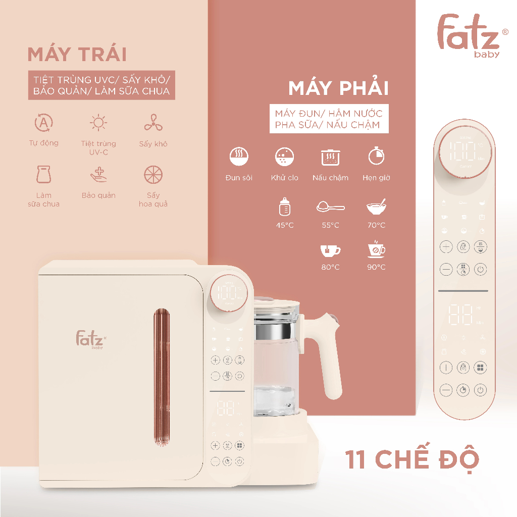 Máy đa năng điện tử Fatzbaby Multi-king 3 (Tiệt trùng UVC LED/ Sấy khô/ Làm sữa chua/ Đun & hâm nước/ Nấu chậm)