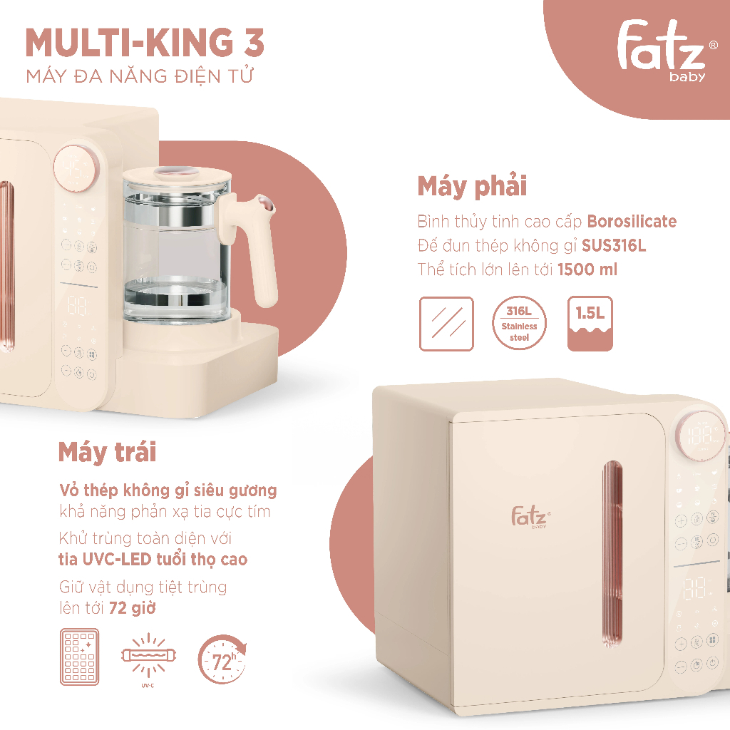 Máy đa năng điện tử Fatzbaby Multi-king 3 (Tiệt trùng UVC LED/ Sấy khô/ Làm sữa chua/ Đun & hâm nước/ Nấu chậm)