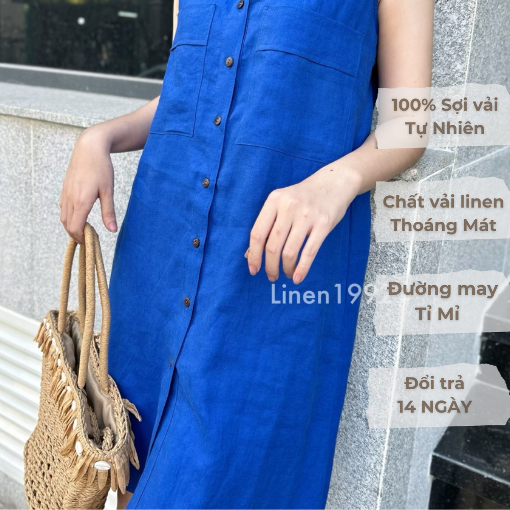 Đầm sơ mi Nữ Linen sát nách hai túi thoáng mát LINEN1992 - 100% Linen bền Màu Hồng Đậm/Xanh Coban