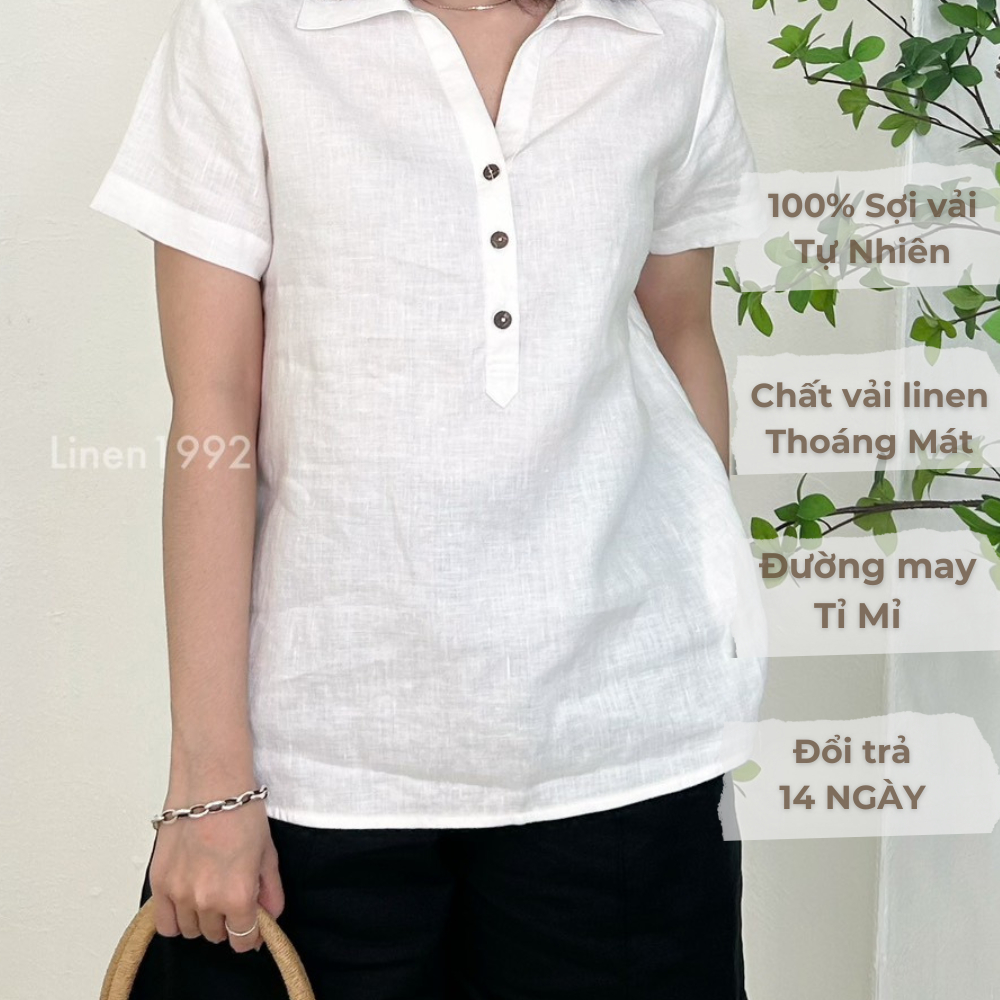 Áo Nữ Linen Cổ Bẻ Chui Đầu Tay Ngắn LINEN1992 - Linen 100% màu Xanh Đen, Trắng, Hồng, Xanh Lá, Vàng