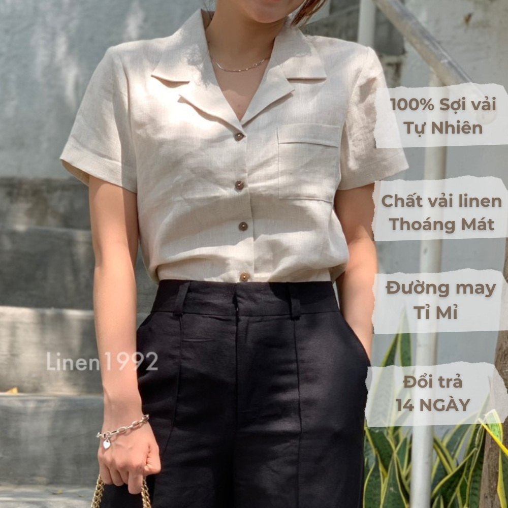Áo Nữ Linen Danton Cài Nút Tay Ngắn LINEN1992 - 100% Linen màu Trắng/Đen/Vàng/Xanh Lá Mạ/Xanh Mint