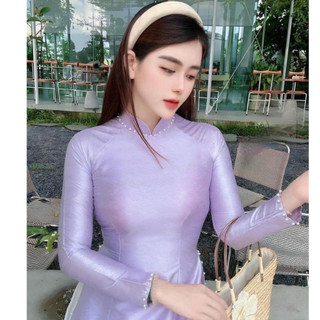 Áo dài cách tân nữ 2 tà chất liệu lụa vân gỗ đính ngọc