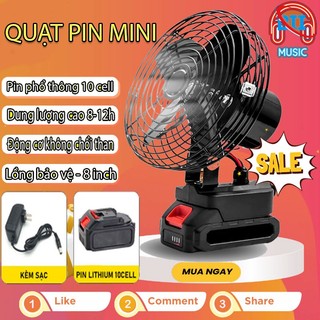 Quạt pin 8 inch 2 tốc độ gió - Quạt tích điện chạy pin 10 cell phổ thông, quay đảo chiều, chất liệu thép, tặng pin sạc