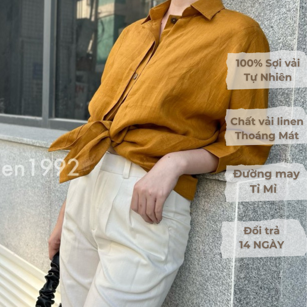 Áo sơ mi Nữ Linen tay lửng rã thân oversized LINEN1992 - Linen 100% Màu Vàng nghệ, Xanh đen