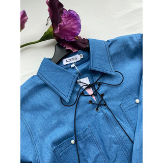(Sẵn) Áo sơ mi denim buộc dây kiểu retro
