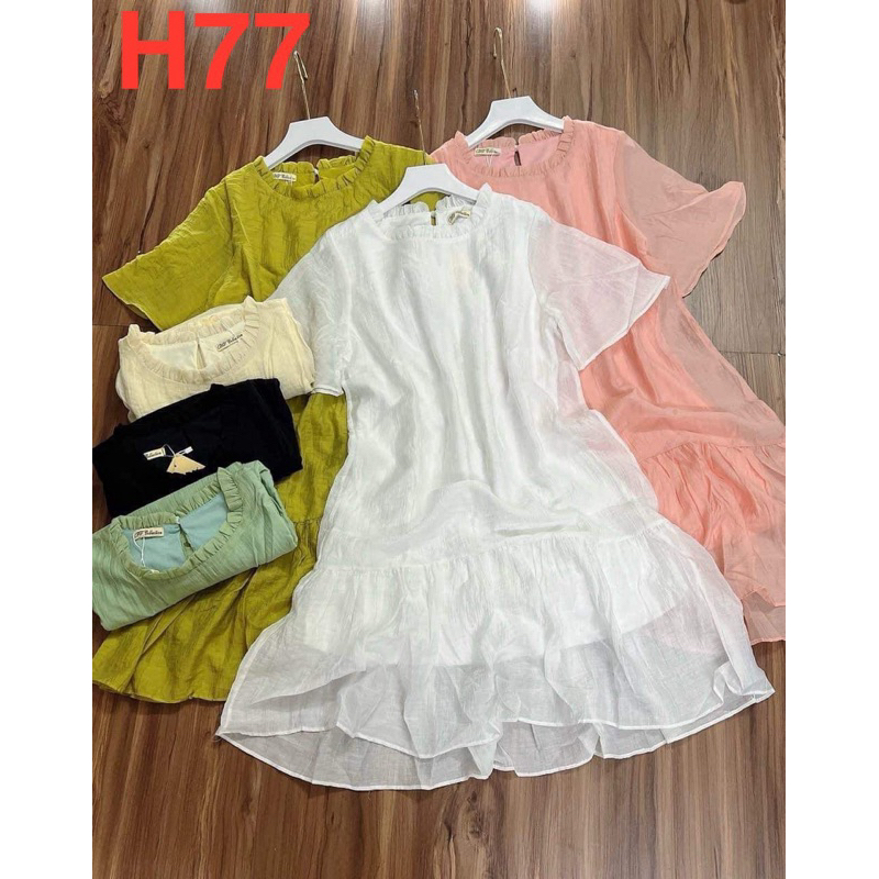H77 Đầm voan tơ form suông tay ngắn, cổ cao bèo