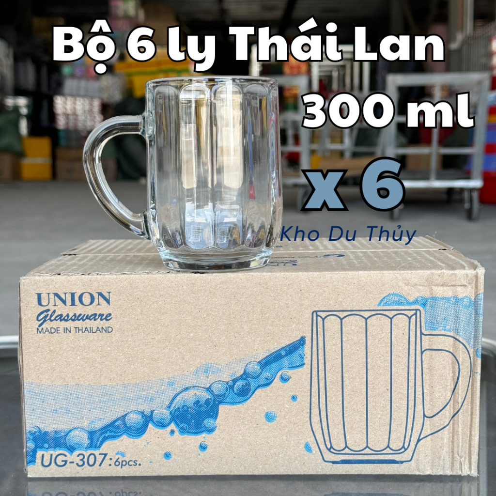 Bộ 6 ly thủy tinh có quai uống bia loại ly lùn bầu 300 ml phù hợp dùng làm ly uống nước ngọt, ly uống cafe sữa, cafe đá